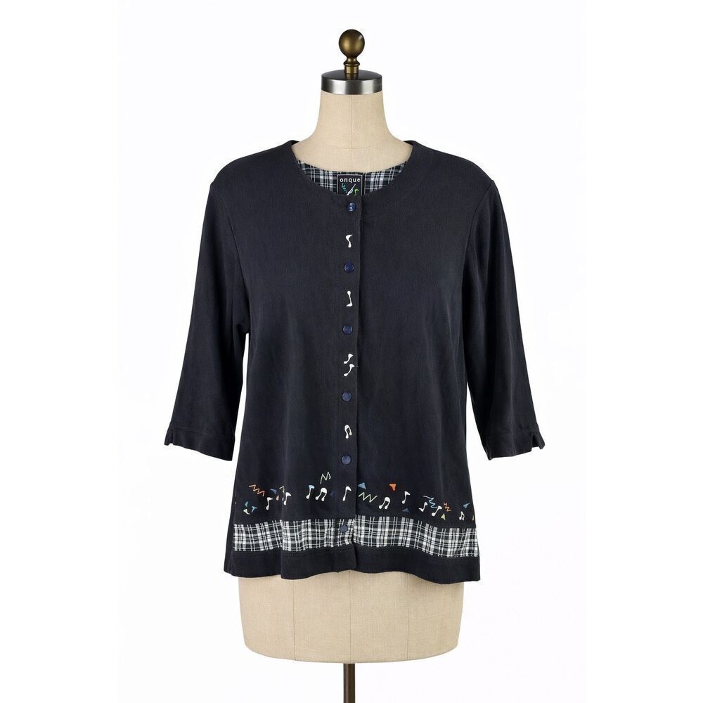 Onque Casuals S Black Musical Note Embroidered Cotton Top Plaid Trim Artsy Chic